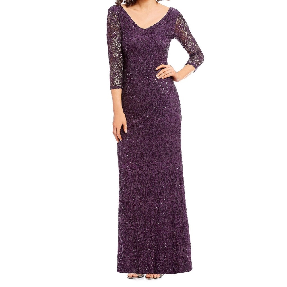 Marina Sequin Lace Purple Evening Formal Dress 3/4 Sleeve Size 12 Wedding Guest